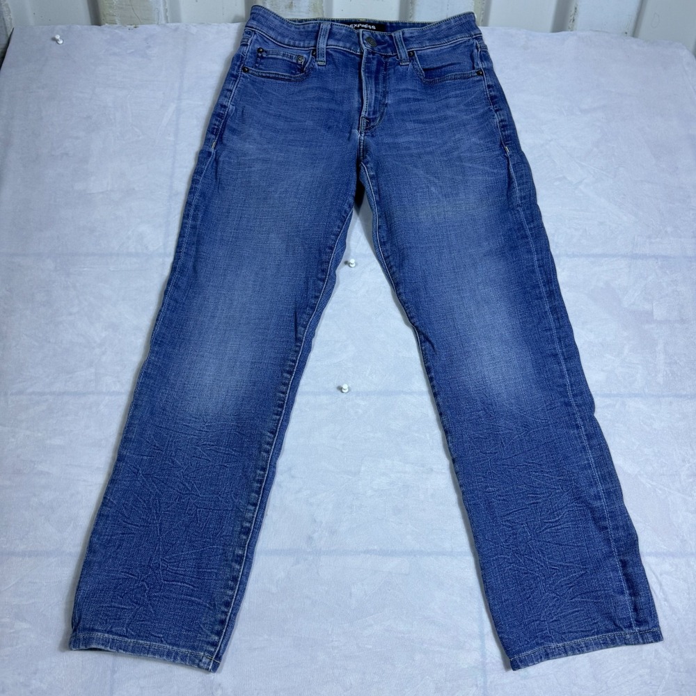 Express Mens Classic‎ Straight Jeans Blue Denim Hyper Stretch Whisker Size 28x32
